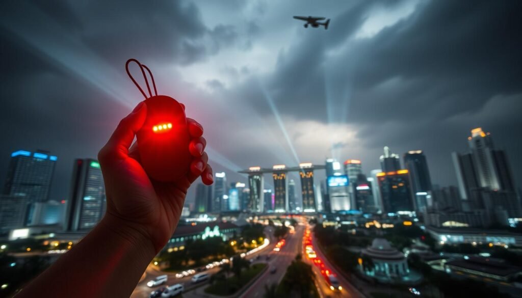 A bustling cityscape at night, the iconic Singapore skyline illuminated against a moody, storm-tinged sky. In the foreground, a hand-held personal locator beacon, its LED lights blinking urgently, conveying a sense of emergency activation. The beacon's sleek, compact design is highlighted, with the surrounding city streets and high-rise buildings providing a dramatic backdrop. Beams of light from surveillance cameras and emergency vehicles pierce the darkness, creating an atmosphere of heightened tension and urgency. The image captures the reliable and essential role of personal locator beacons in providing safety and emergency response in the dynamic, technology-driven landscape of Singapore.