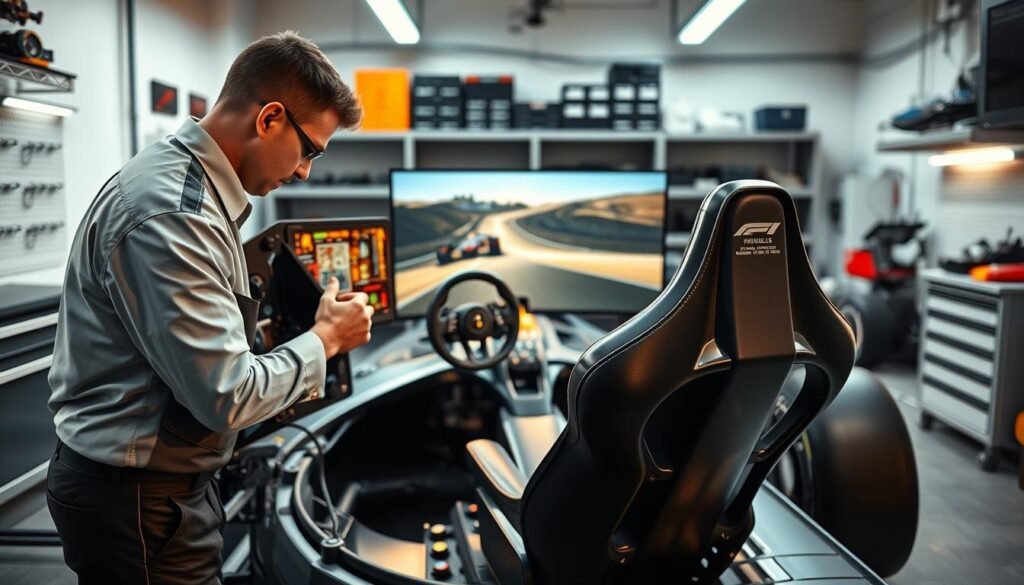 A meticulously detailed image of a Formula 1 racing simulator undergoing rigorous safety checks. In the foreground, a technician in a crisp uniform diligently inspects the intricate control panels and ergonomic racing seat, ensuring every component is functioning flawlessly. In the middle ground, the sleek, futuristic simulator gleams under the warm, directional lighting, its high-resolution display and tactile steering wheel hinting at the immersive driving experience it offers. In the background, a pristine, well-equipped workshop sets the stage, with shelves of specialized tools and diagnostic equipment, conveying the level of care and attention to detail that goes into maintaining these state-of-the-art racing simulators.