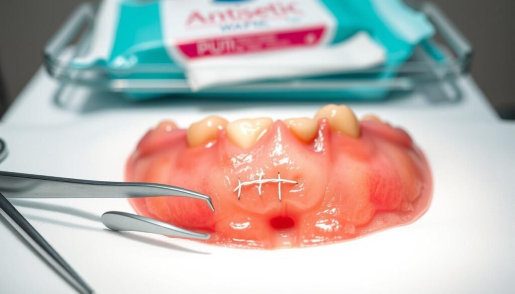 A well-lit, close-up shot of a sterile dental extraction site, the gums freshly stitched and healing. In the foreground, a pair of tweezers and surgical scissors rest on a crisp white cloth, conveying the recent procedure. The middle ground features the neatly sutured incision, the threads meticulously placed to facilitate rapid closure. In the background, a blurred medical tray with antiseptic wipes and gauze pads suggests the care taken to ensure a clean, aseptic environment. The lighting is soft and even, creating a soothing, clinical atmosphere that instills confidence in the healing process.